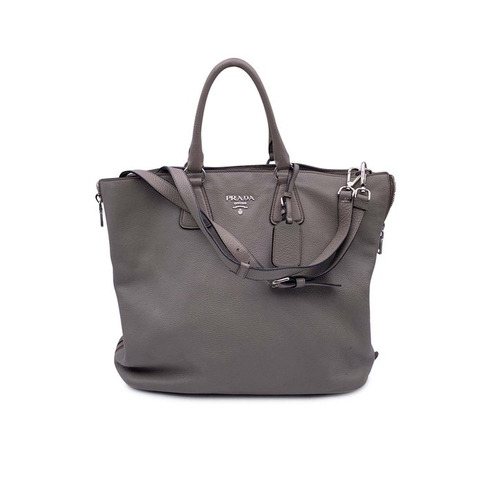 Prada - Grey Taupe Leather Satchel Bag with Strap BN2419 - Mulepose