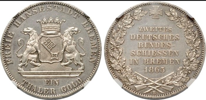 Tyskland, Bremen. 1 Thaler (taler) 1865, Bundesschiessen. In NGC-MS-61