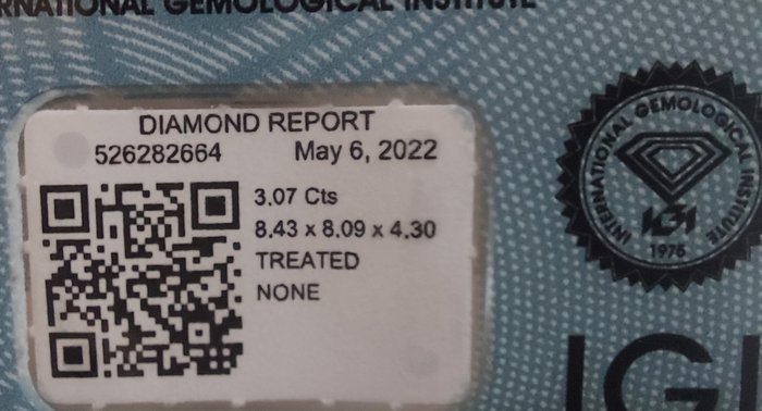 1 pcs Diamant  (Farvebehandlet)  - 3.07 ct - Pude Sort - Ikke specificeret i laboratorierapporten - International Gemological Institute (IGI)