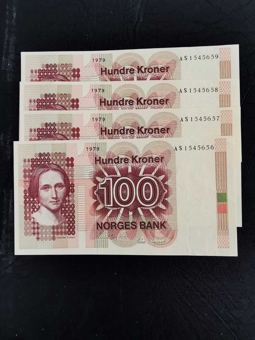 Norge. - 4 x 100 Kroner 1979 - Pick 41b - consecutive  (Ingen mindstepris)