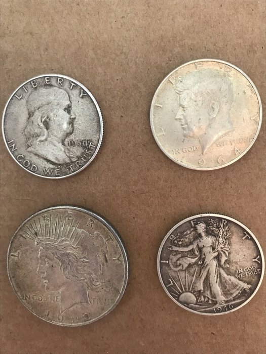 Förenta staterna. A Lot of 4x Large USA .900 Silver Coins 1922-1964  (Ingen mindstepris)