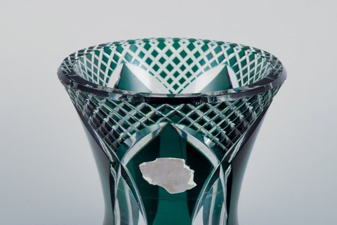 Val St Lambert Belgium Faceted crystal vase in green and clear glass