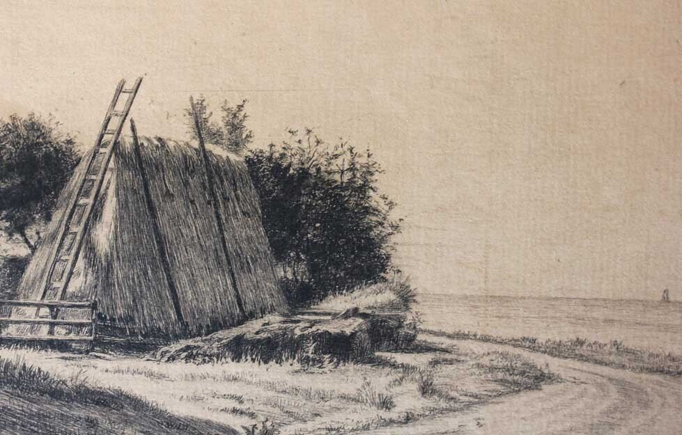 Carl Bloch etching Landscape with haystack by a coastal road 1883