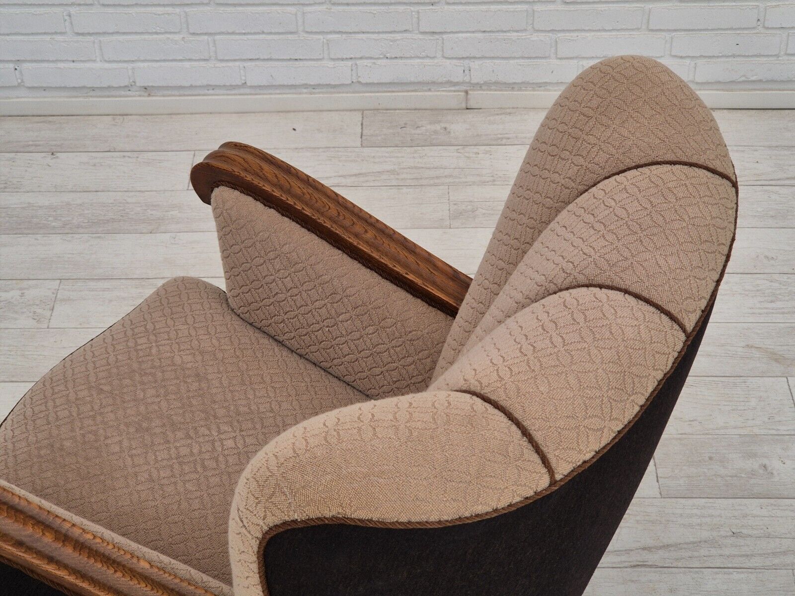 1950s Danish vintage armchair light brown cotton/wool oak wood