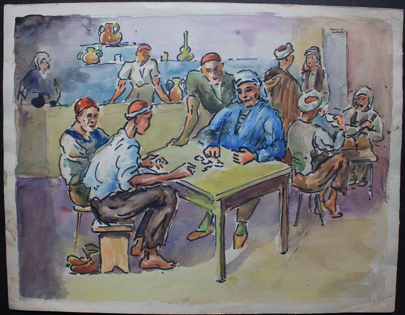 French watercolor Men gambling in a cafe Zavatta Tunisia c1960