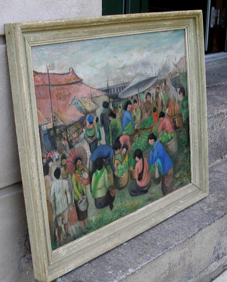 J Soedhiono (1930)  Busy Market scene Jakarta Indonesia Dated 1957