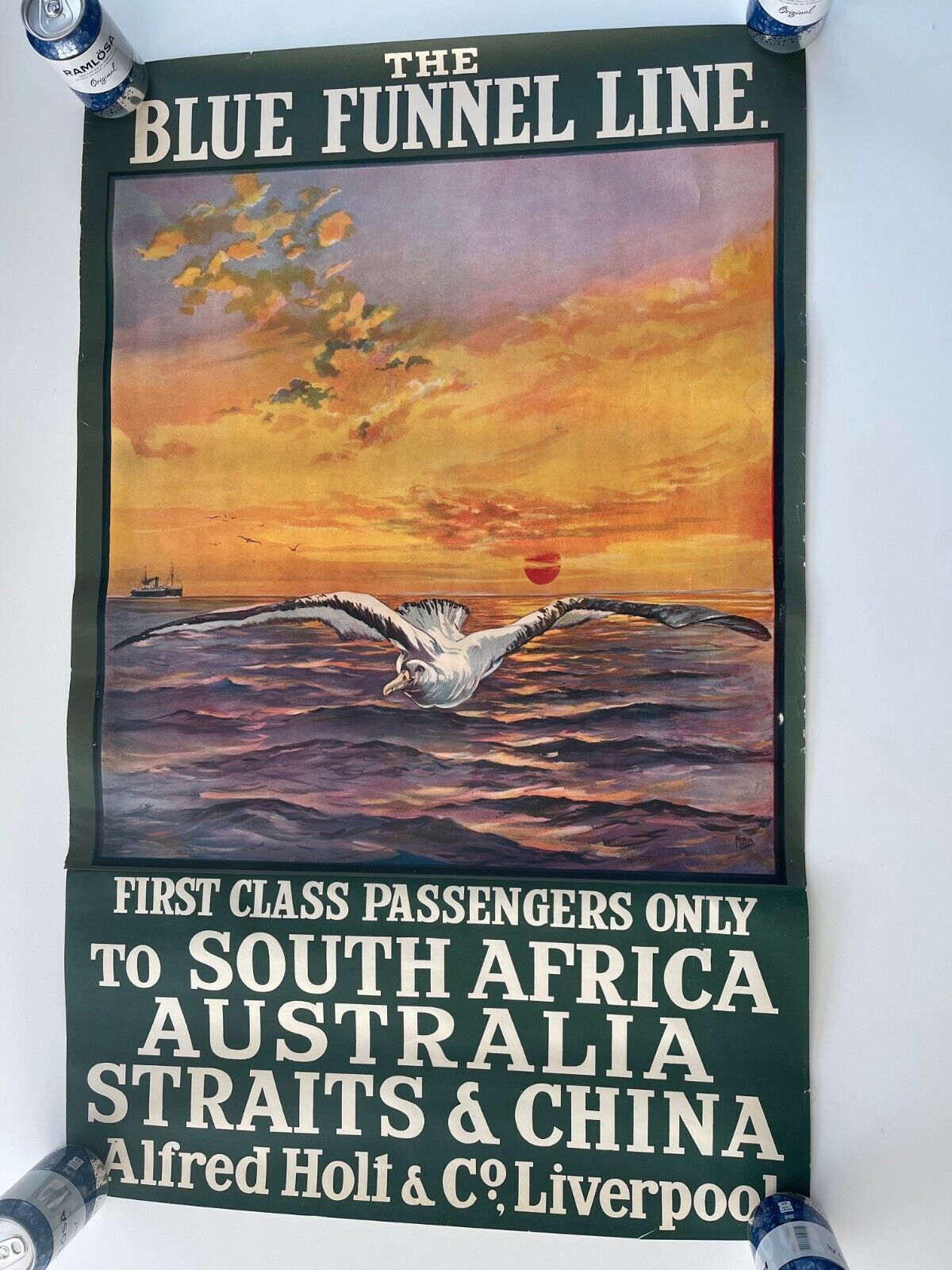 ANTIQUE ORIGINAL TRAVEL POSTER BLUE FUNNEL LINE AUSTRALIA CHINA SOUTHAFRICA HOLT