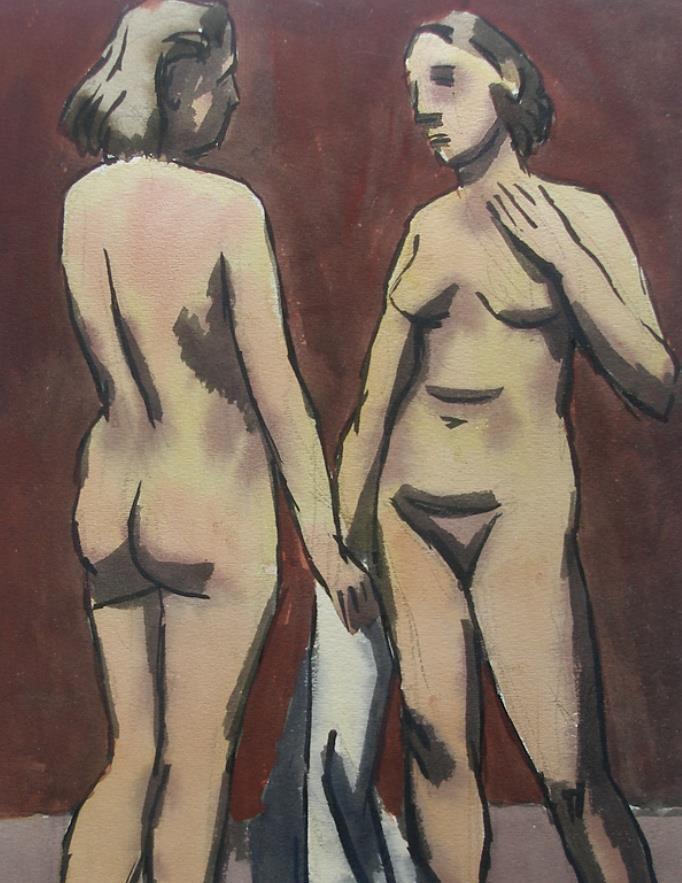 Benny Cohn ( American 1896) Two Women Ca 1940s Art Deco Watercolor