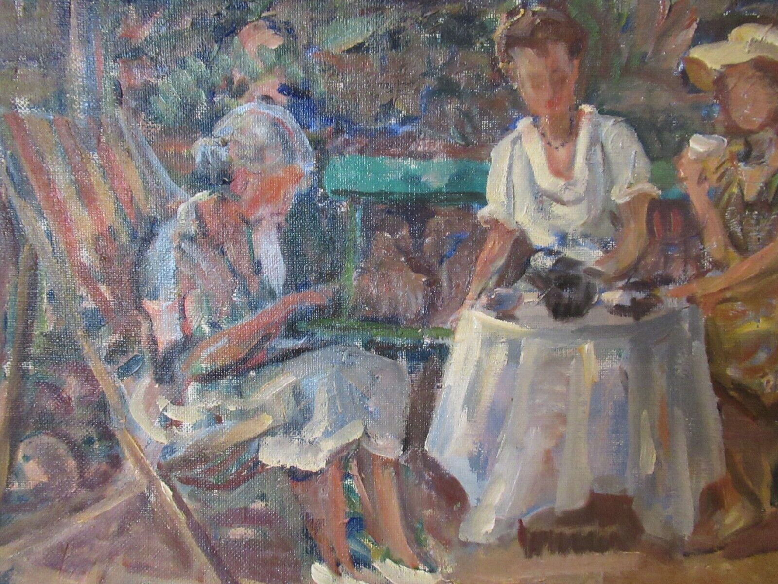 Vintage oil painting "At the gardentable" by acclaimed danish artist Carl Fryden