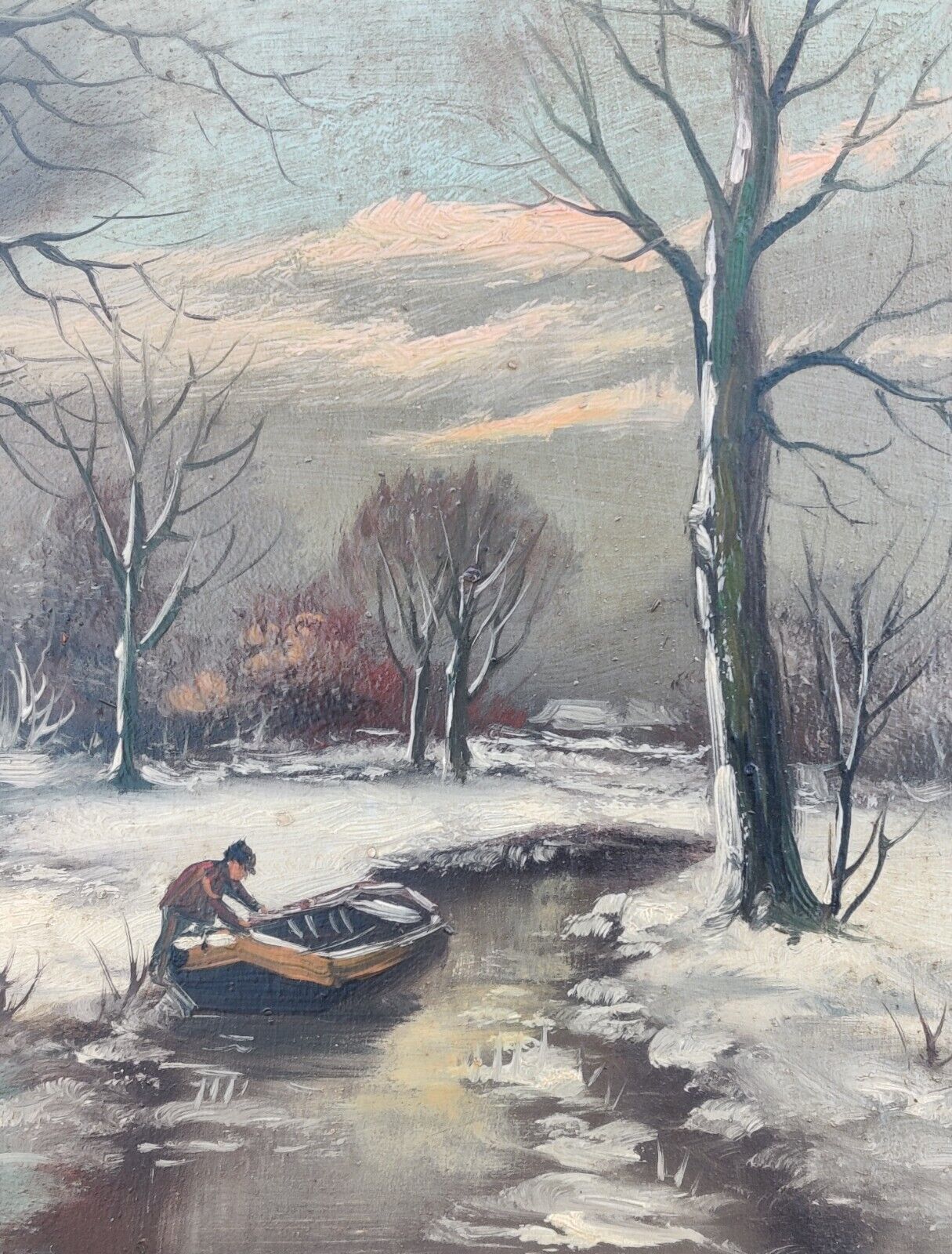 GONE WINTER FISHING original vintage oil painting