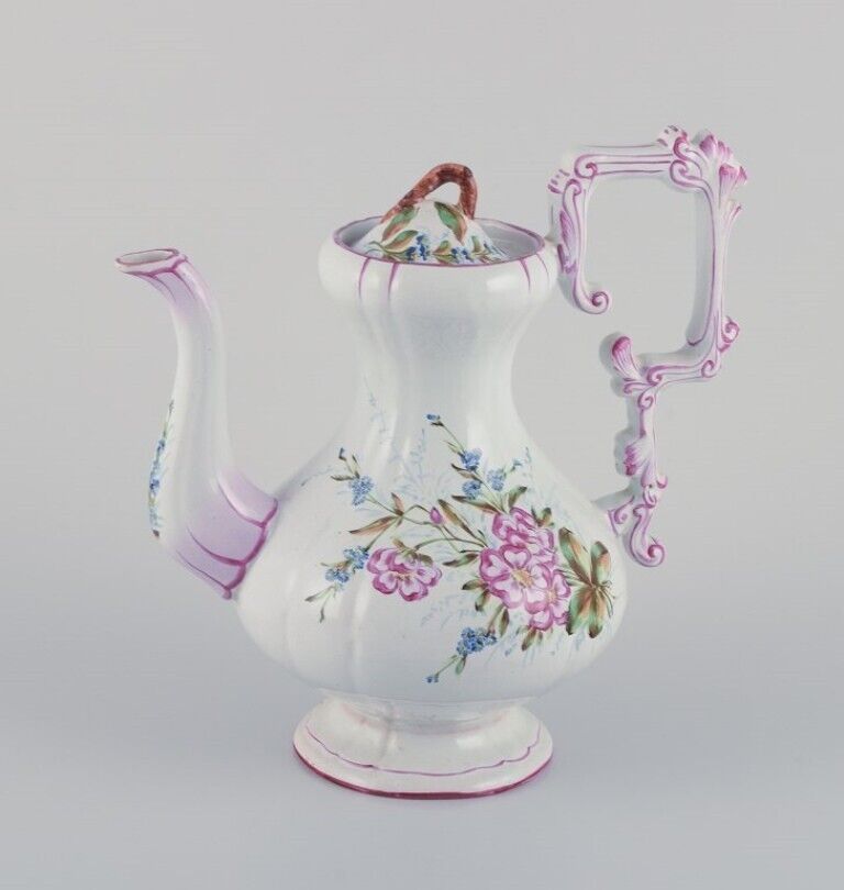 Large coffee pot in faience Motifs of flowers and insects Style of Emile Gallé