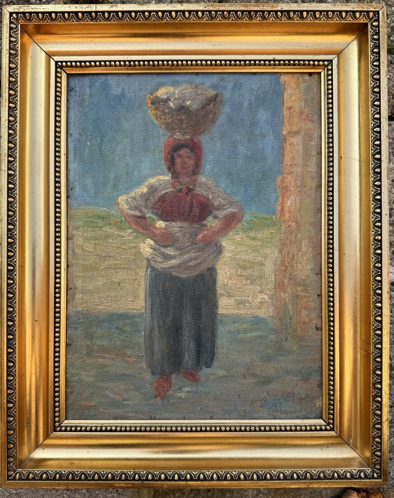 Oil Painting: Young italian woman carrying the laundry home on her head c. 1930