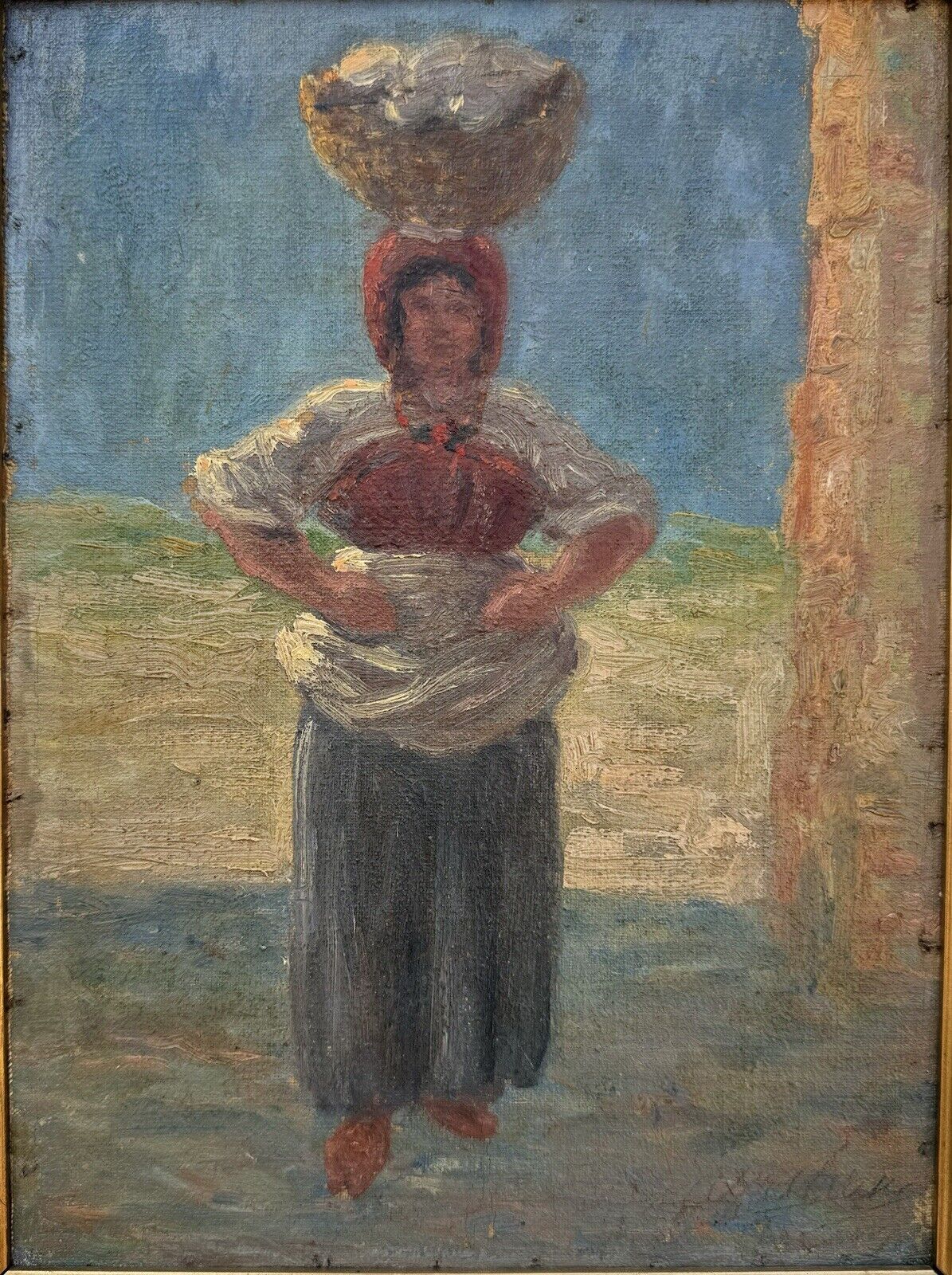 Oil Painting: Young italian woman carrying the laundry home on her head c. 1930