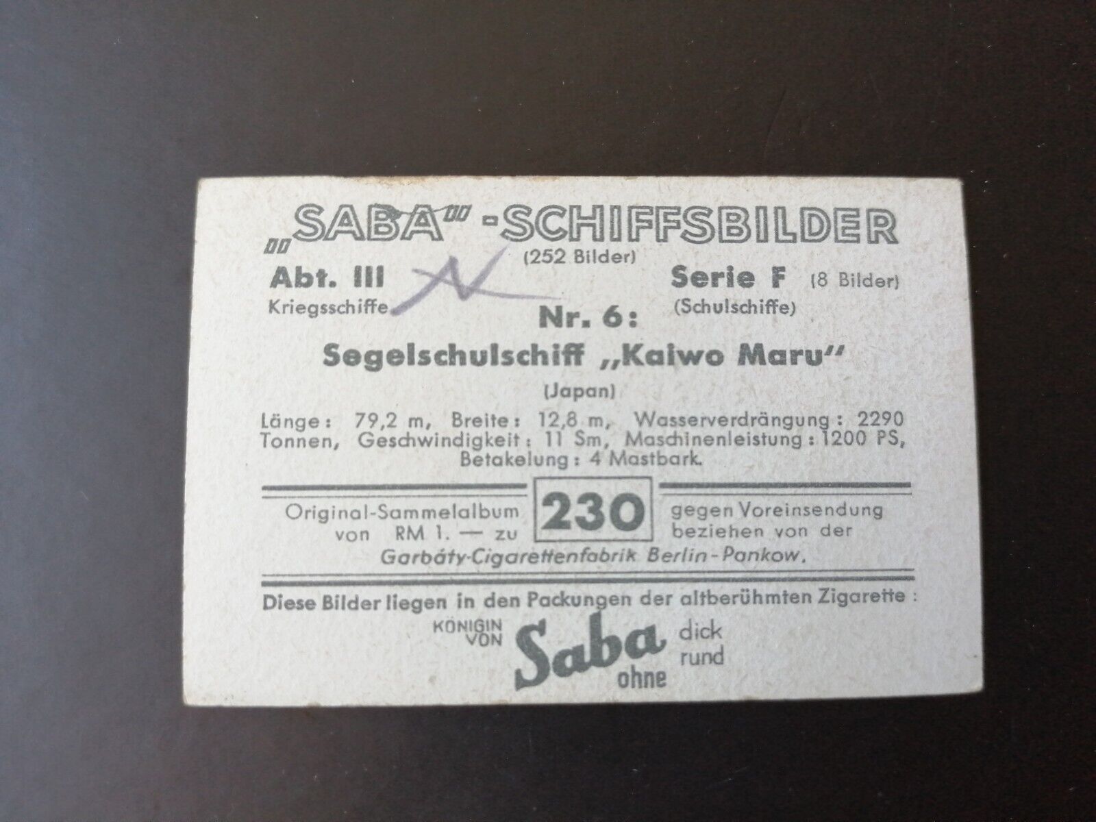 German SABA tobacco ship trading card 1931-33No 230 "Kaiwo Maru" Japan