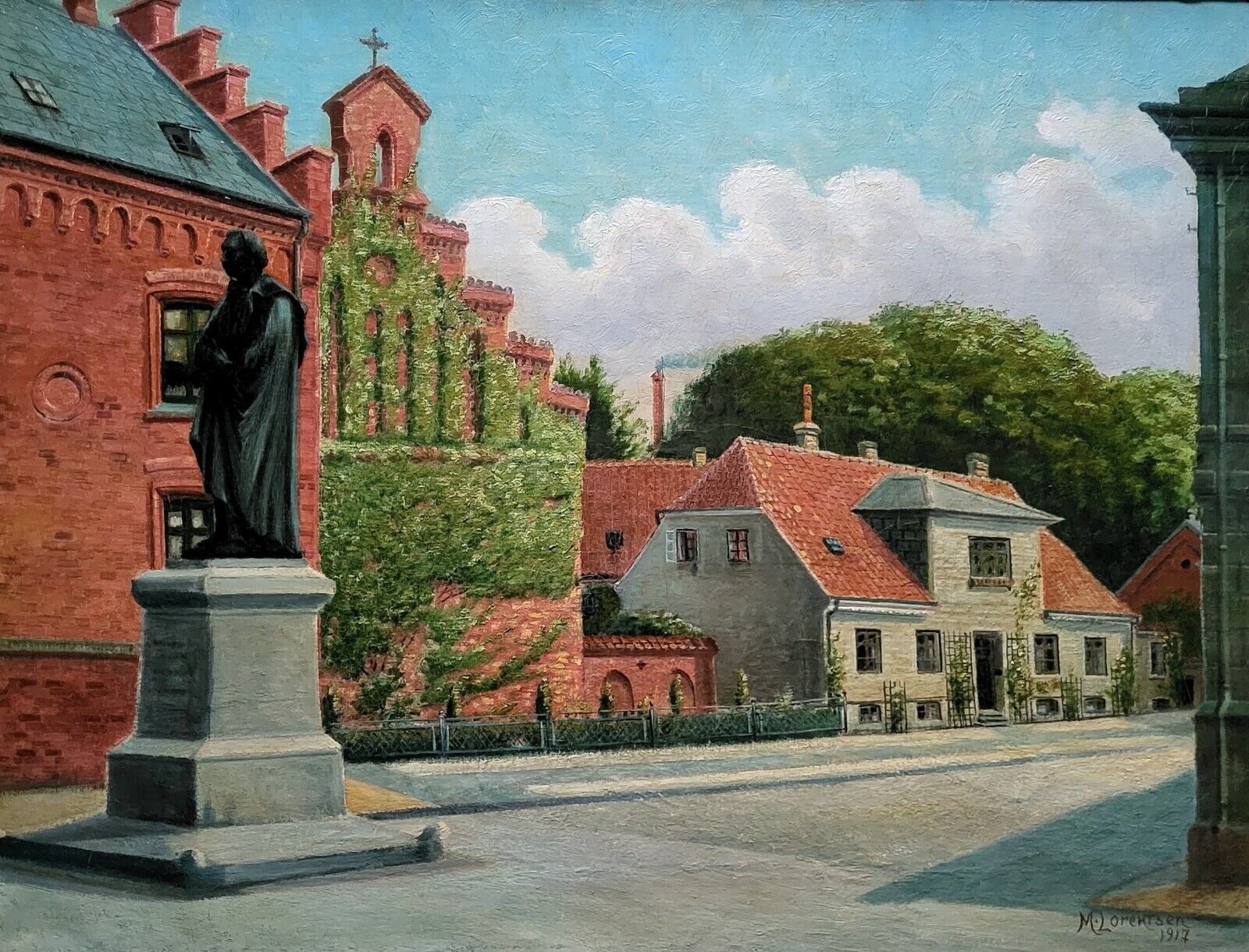 Antique oil painting M Lorentsen: HC Andersen statue in Graabrodre square 1917