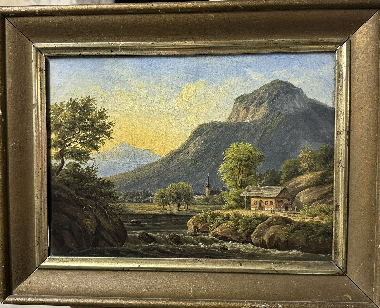 Old Italian Oil Painting: Motif With Romantic Landscape And Mountain c 1850