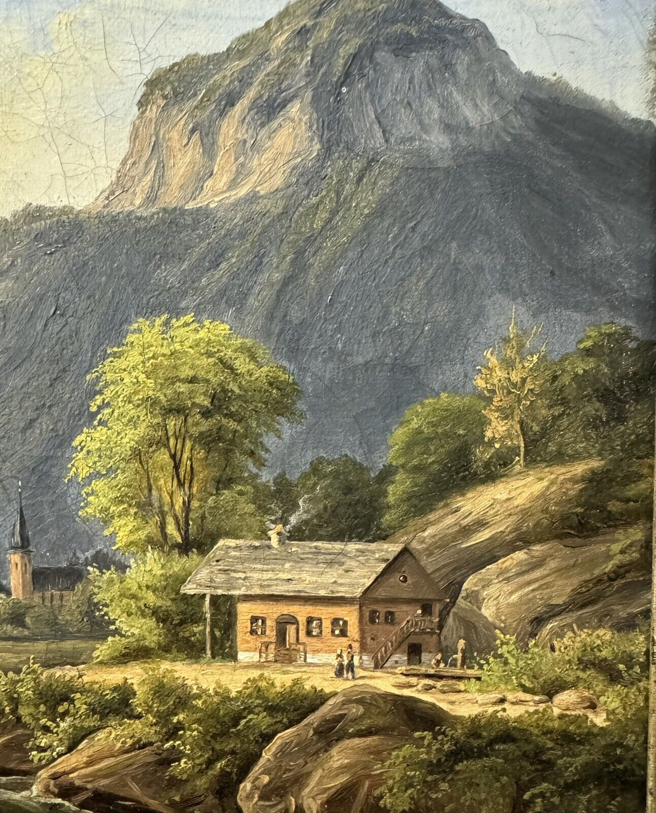 Old Italian Oil Painting: Motif With Romantic Landscape And Mountain c 1850