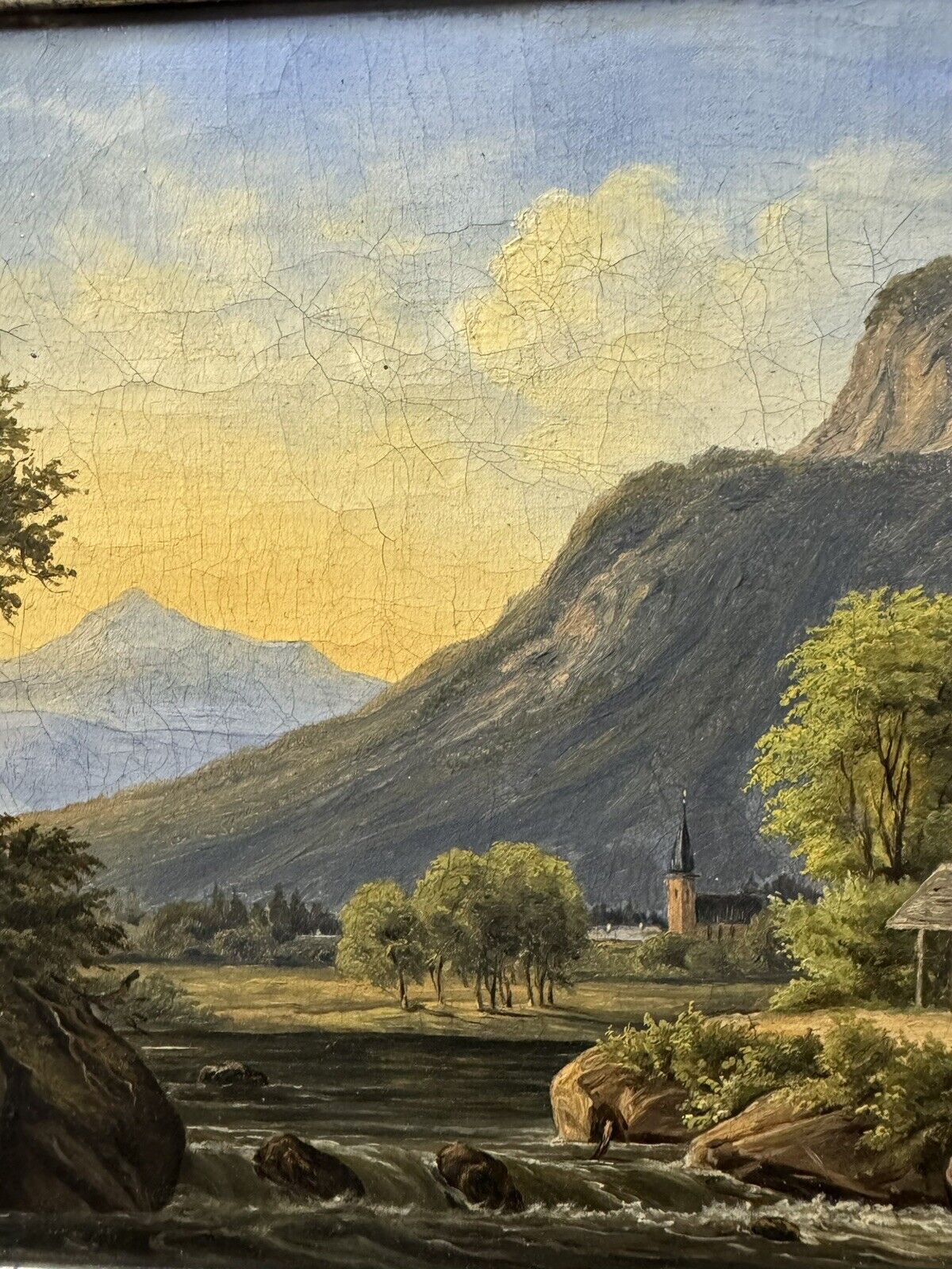 Old Italian Oil Painting: Motif With Romantic Landscape And Mountain c 1850