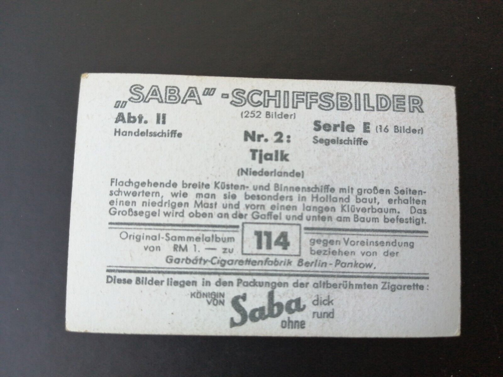 German SABA tobacco ship trading card 1931-33No 114TJALKNiederlande