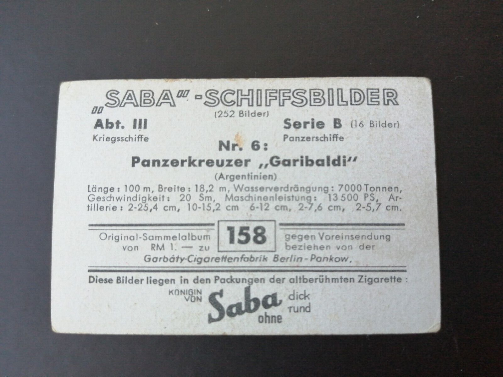 German SABA tobacco ship trading card 1931-33No 158Argentina"Garibaldi"