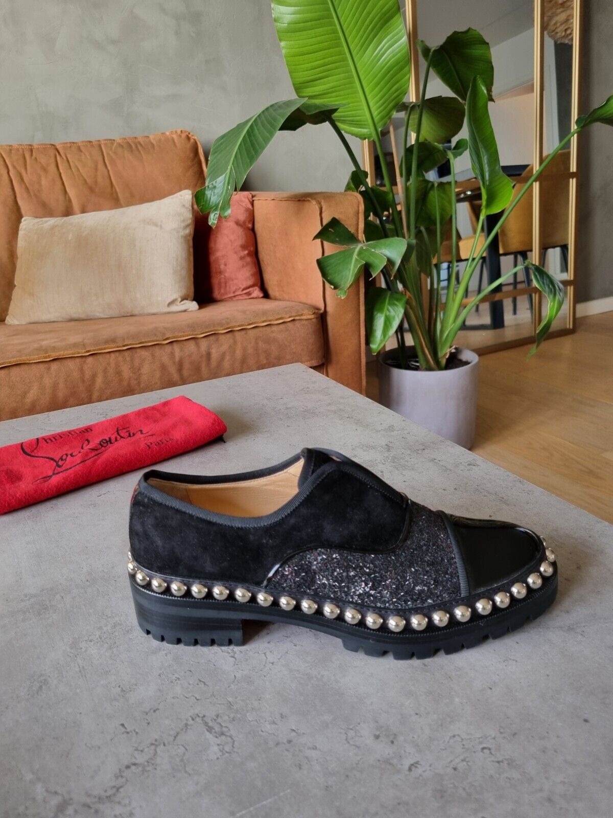 **Christian Louboutin** Black Suede Alphacroc Studded Loaders Flats Sz 37