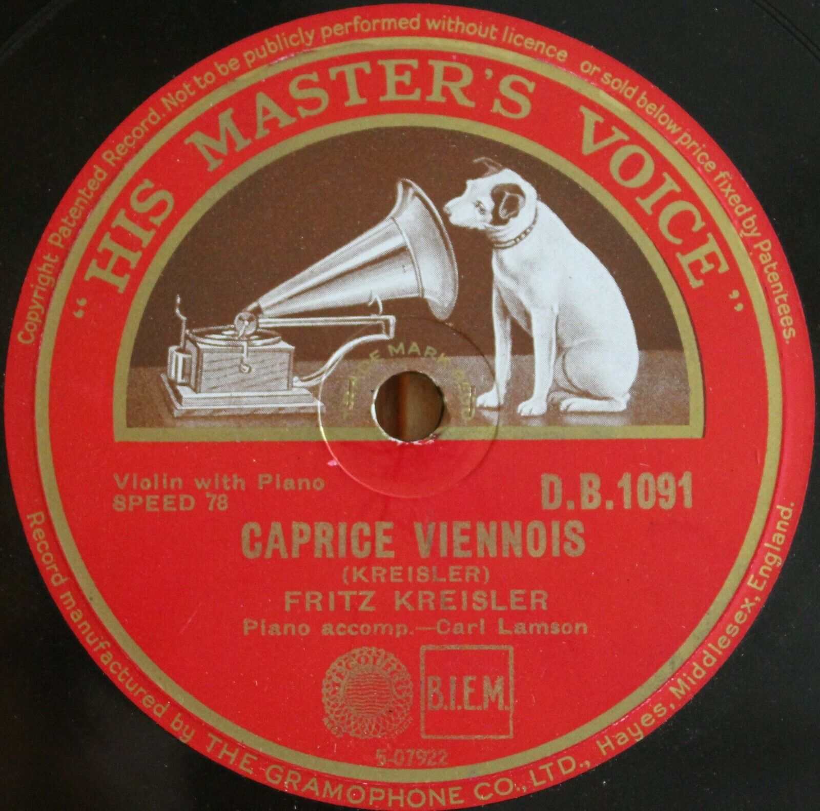 Kreisler+Lamson Kreisler (Caprice Viennois)+Dvorak (Humoreske) HMV DB 1091