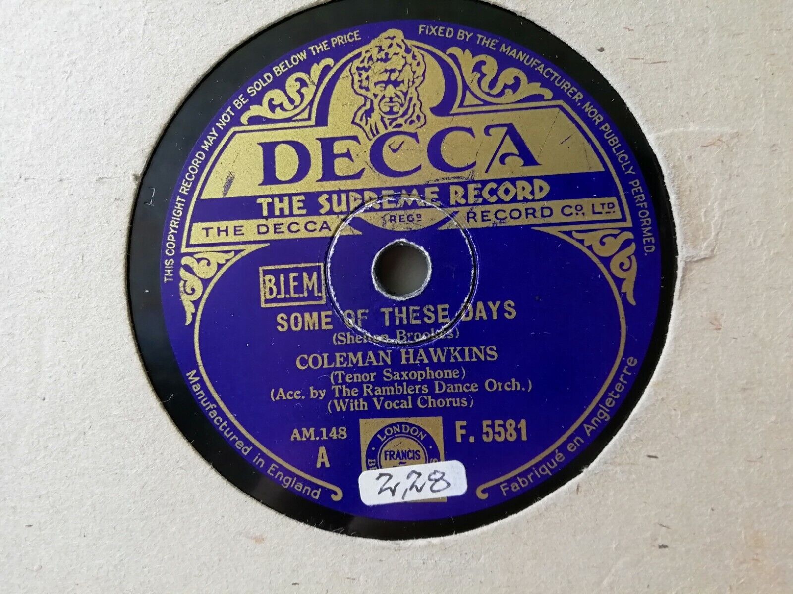 78 rpmColeman HawkinsSome Of These DaysAfter You've Gone Decca F5581