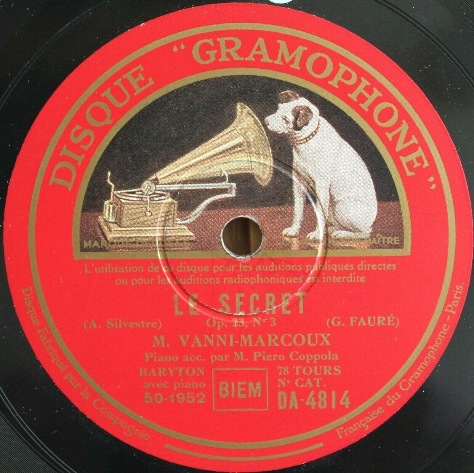 Vanni-Marcoux Fauré (Le secret)+Tosti (Chanson de l'adieu) HMV DA 4814 NM(-)