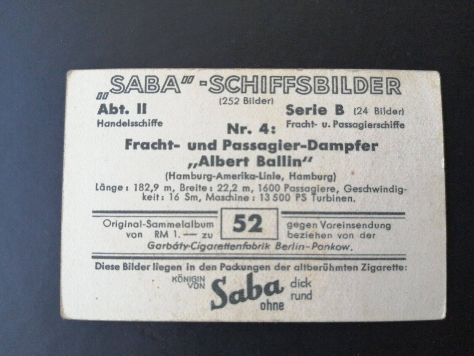 German SABA tobacco ship trading card 1931-33No 52 HH-USA "Albert Ballin"