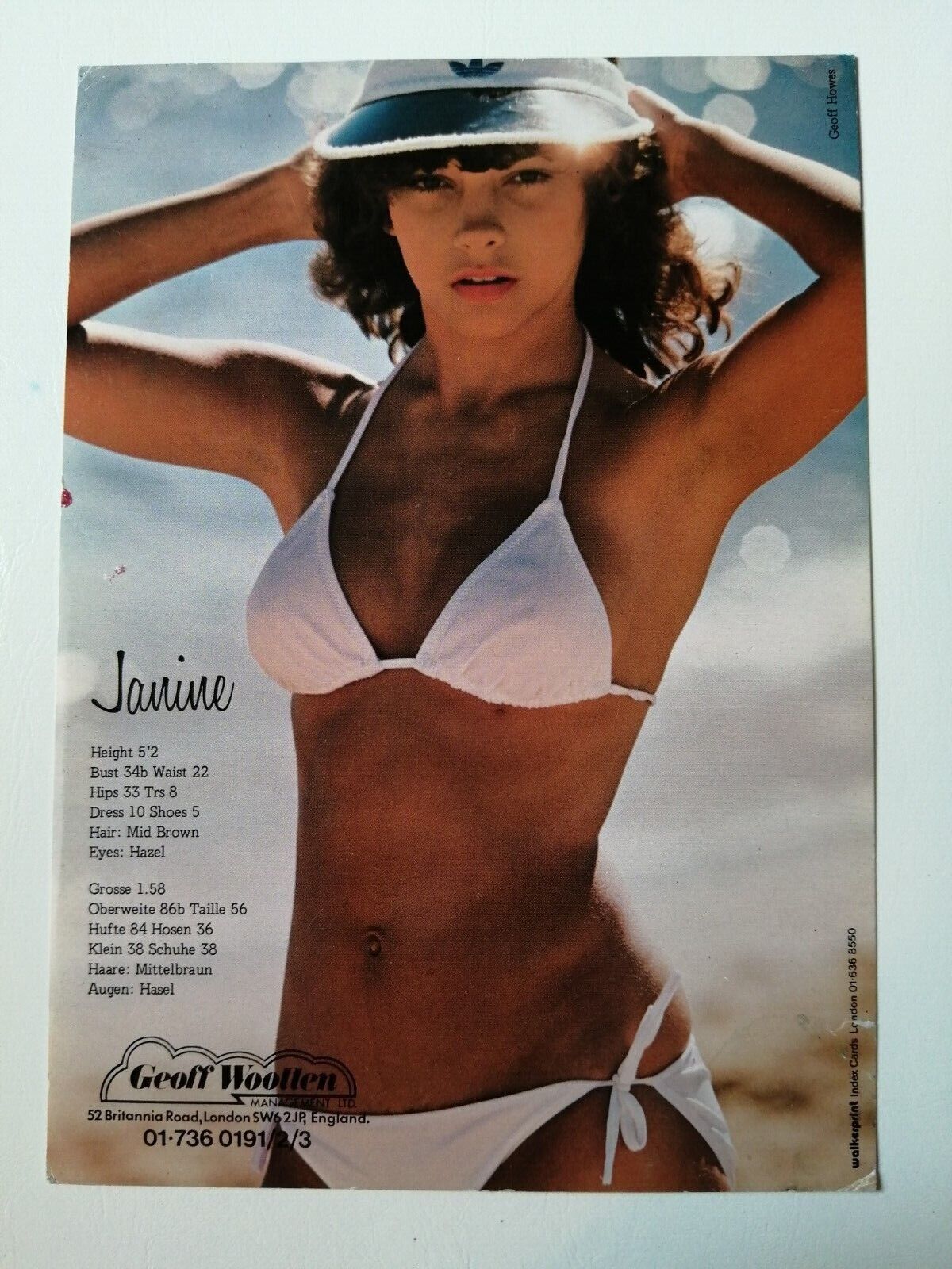 Vintage English  model comp card from 1970s/1980sGeoff WoottenJanine