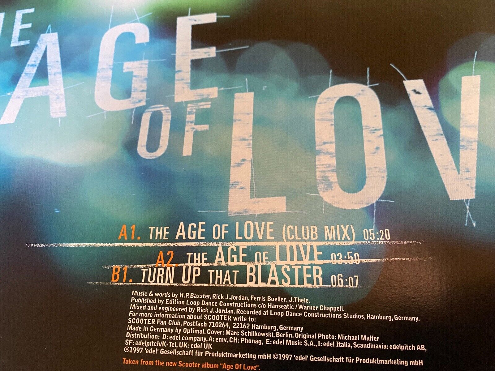 SCOOTER "THE AGE OF LOVE" CLUB MIX CLUB TOOLS 1997 MADE IN GERMANY 3 REMIXES 12"