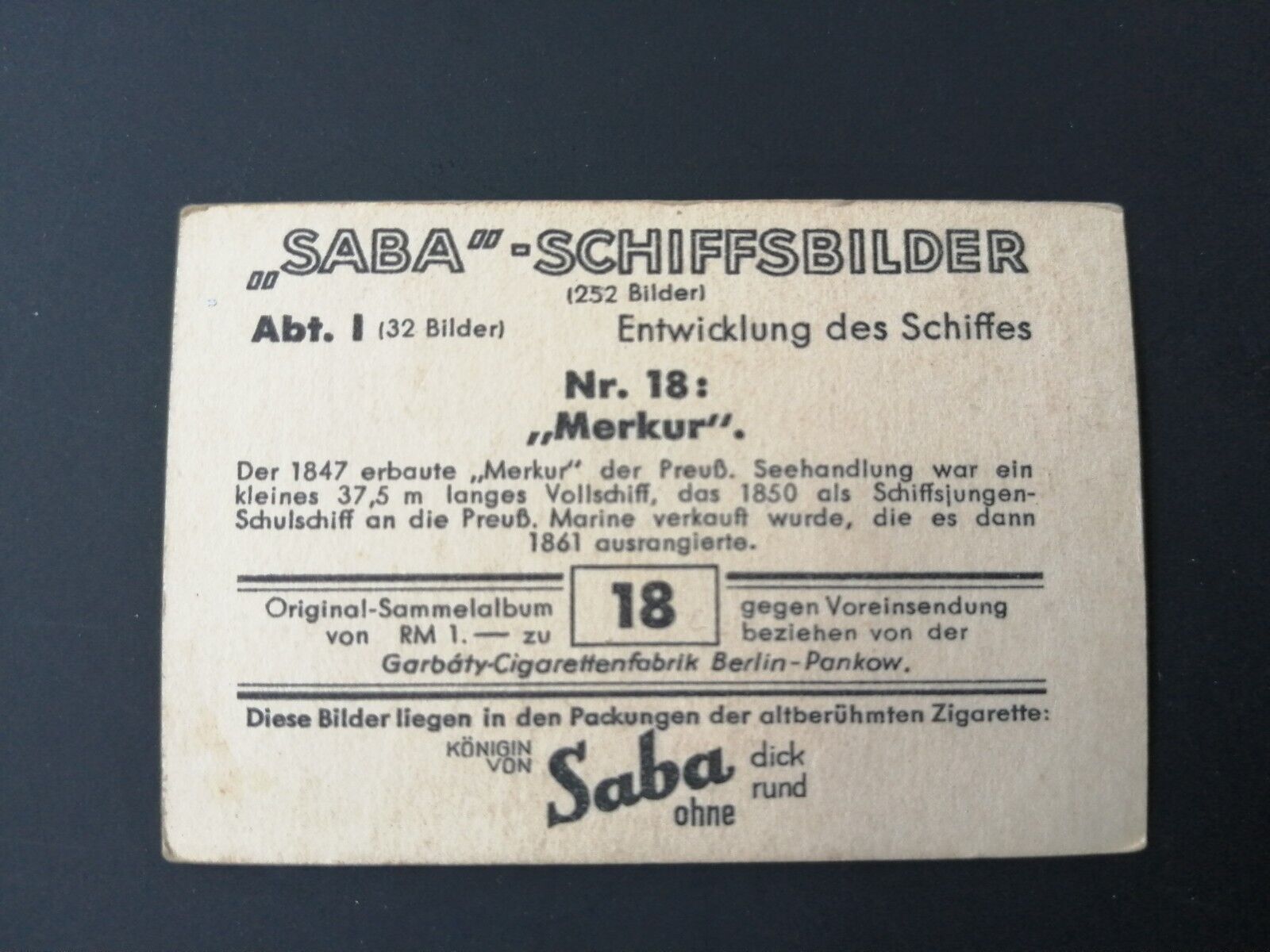 German SABA tobacco ship trading card from 1931-33No 18 "Merkur" 1847