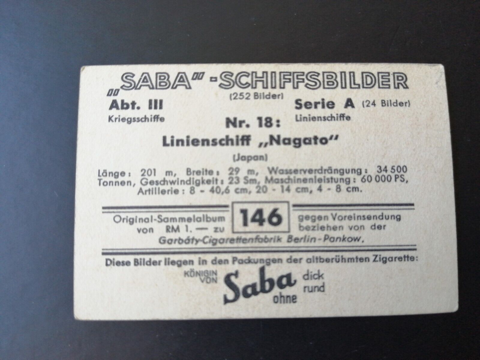 German SABA tobacco ship trading card 1931-33No 146"Nagato" Japan