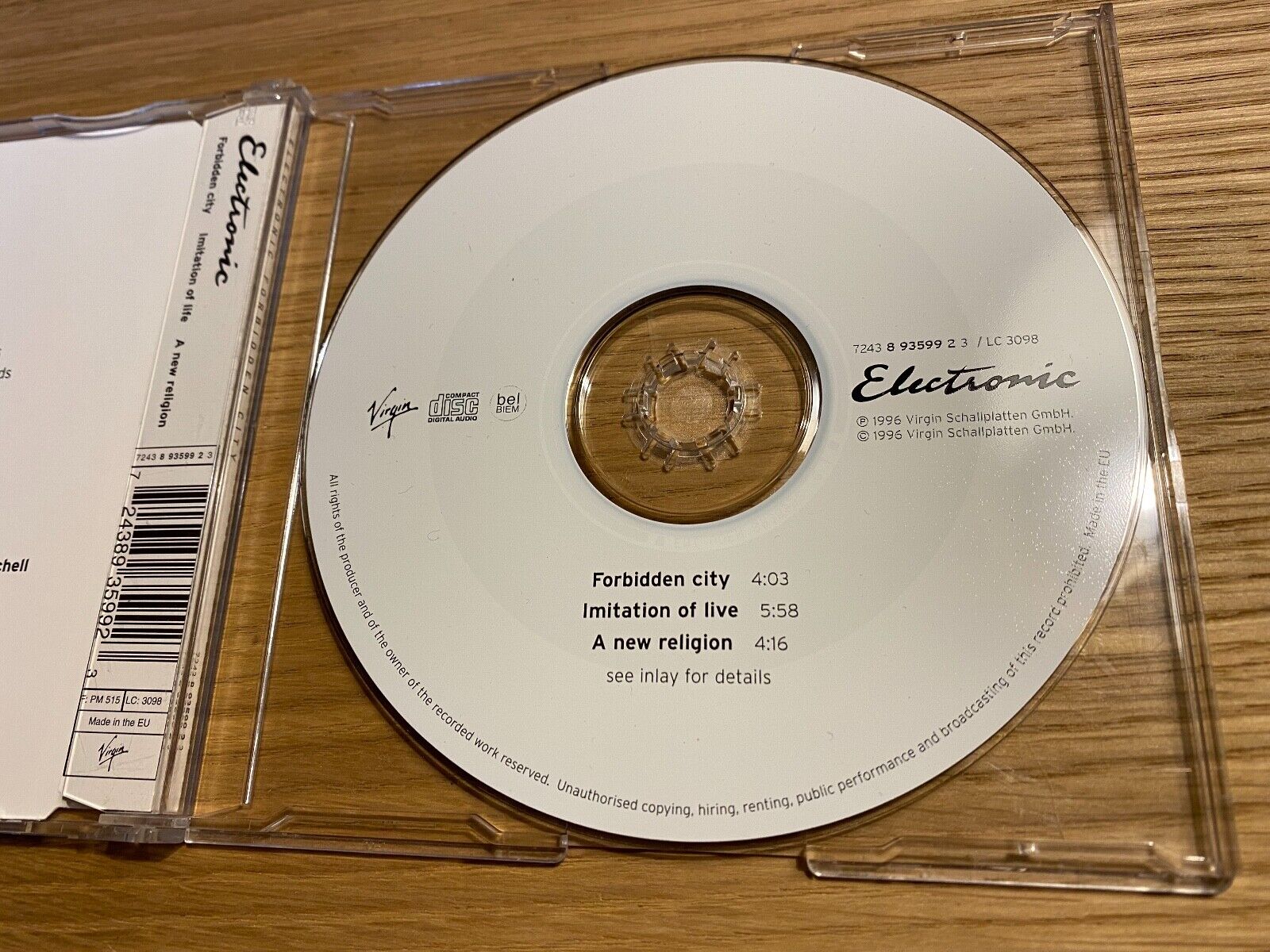 ELECTRONIC "FORBIDDEN CITY/IMITATION OF LIFE" 3 TRACK CD SINGLE VIRGIN 1996 BIEM