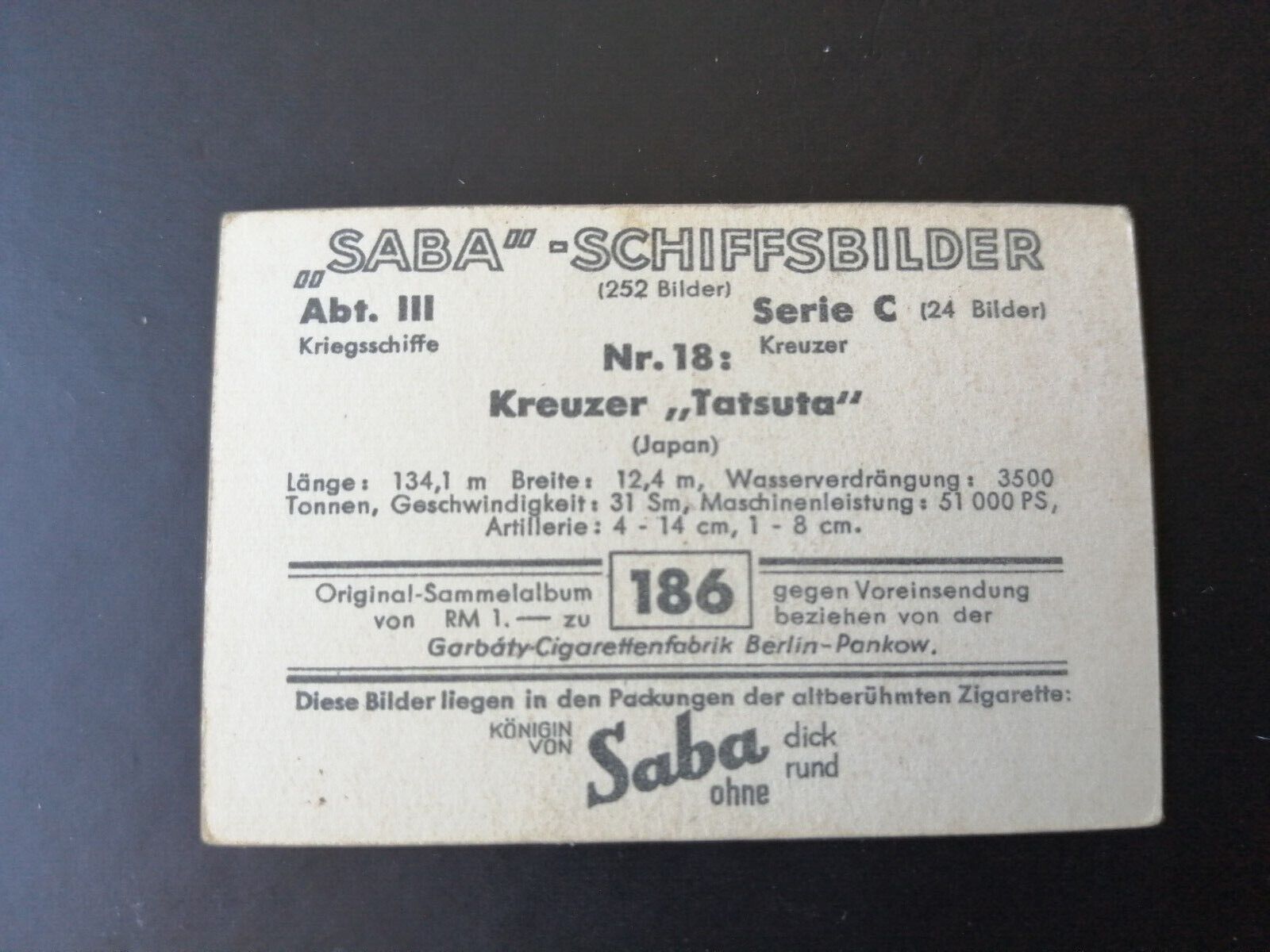 German SABA tobacco ship trading card 1931-33No 186"Tatsuta" Japan