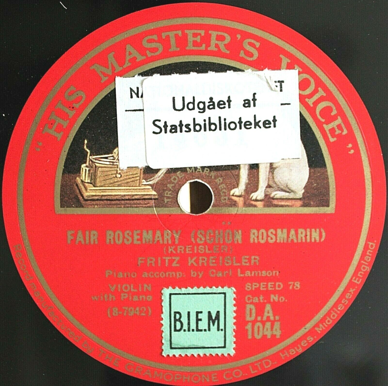 Kreisler; Lamson Kreisler (Rondino; Schön Rosmarin)) HMV DA 1044 NM(-)