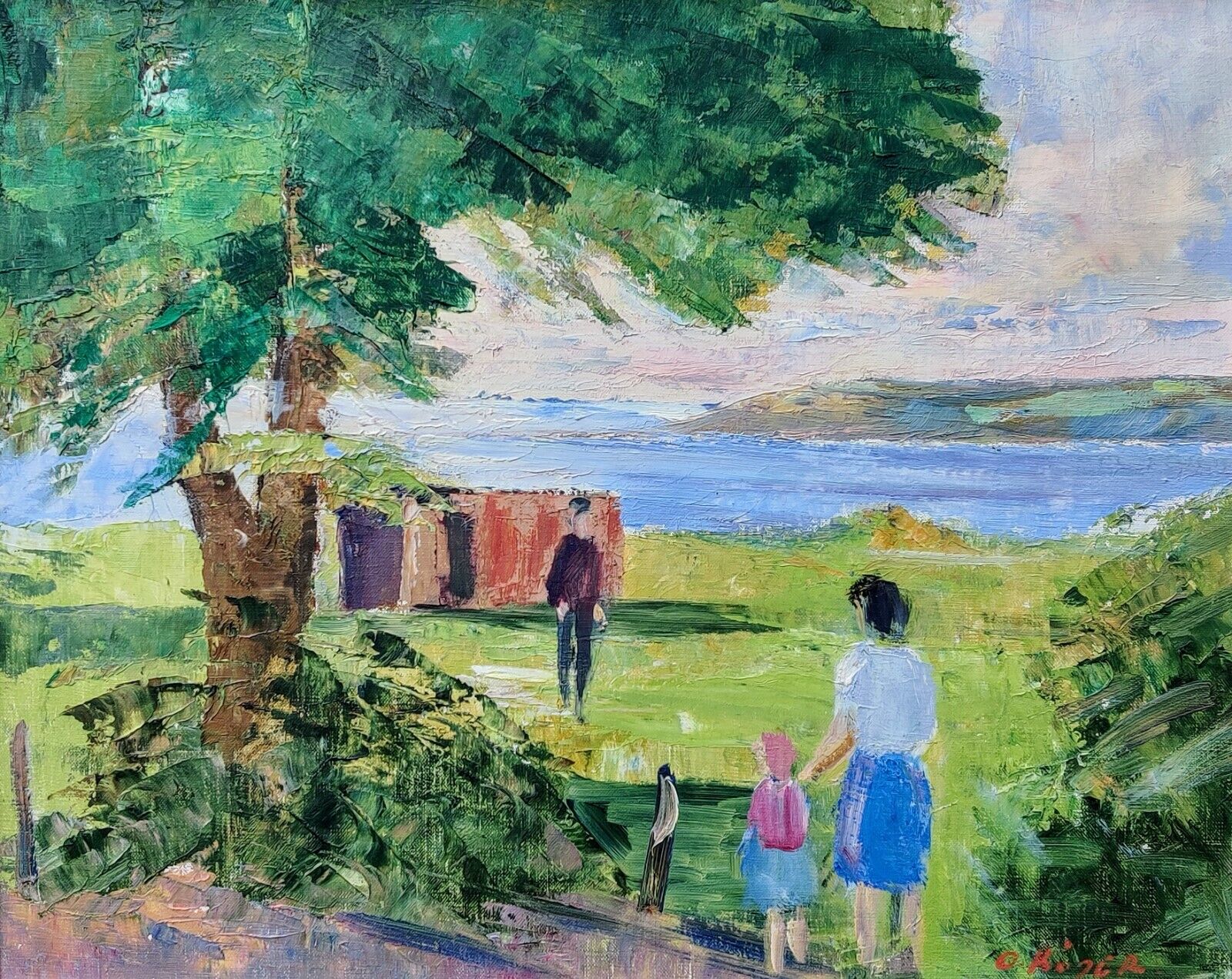 Ove Köser (1918-2003): LANDSCAPE WITH PEOPLE original oil painting