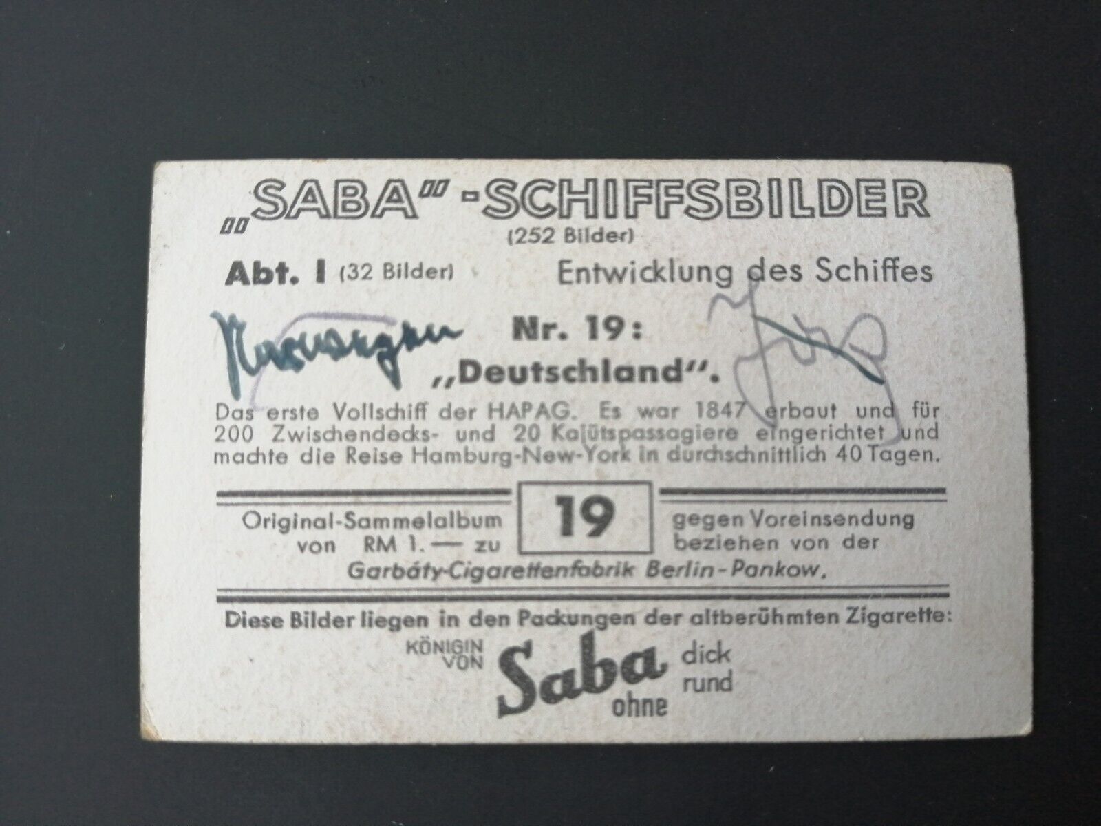 German SABA tobacco ship trading card from 1931-33No 19 "Deutschland" 1847