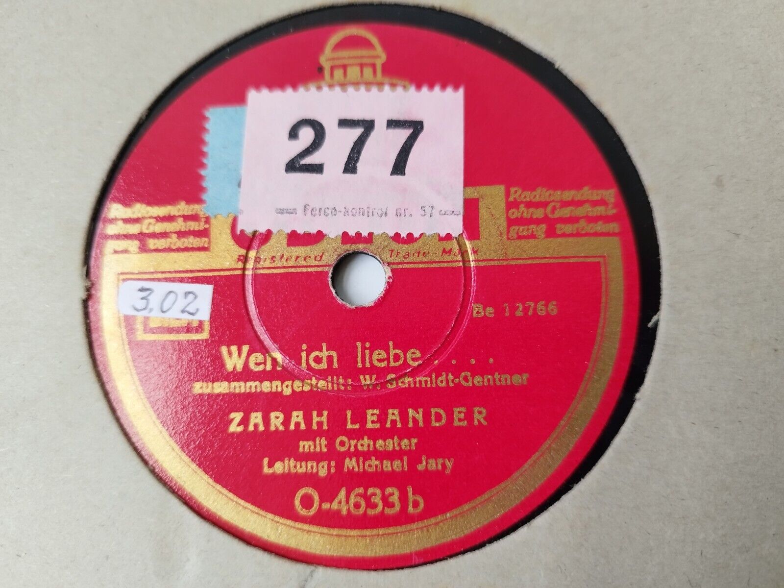 78 RPM ZARAH LEANDER Wen Ich liebe/Er heisst Waldemar ! Odeon Be 12766