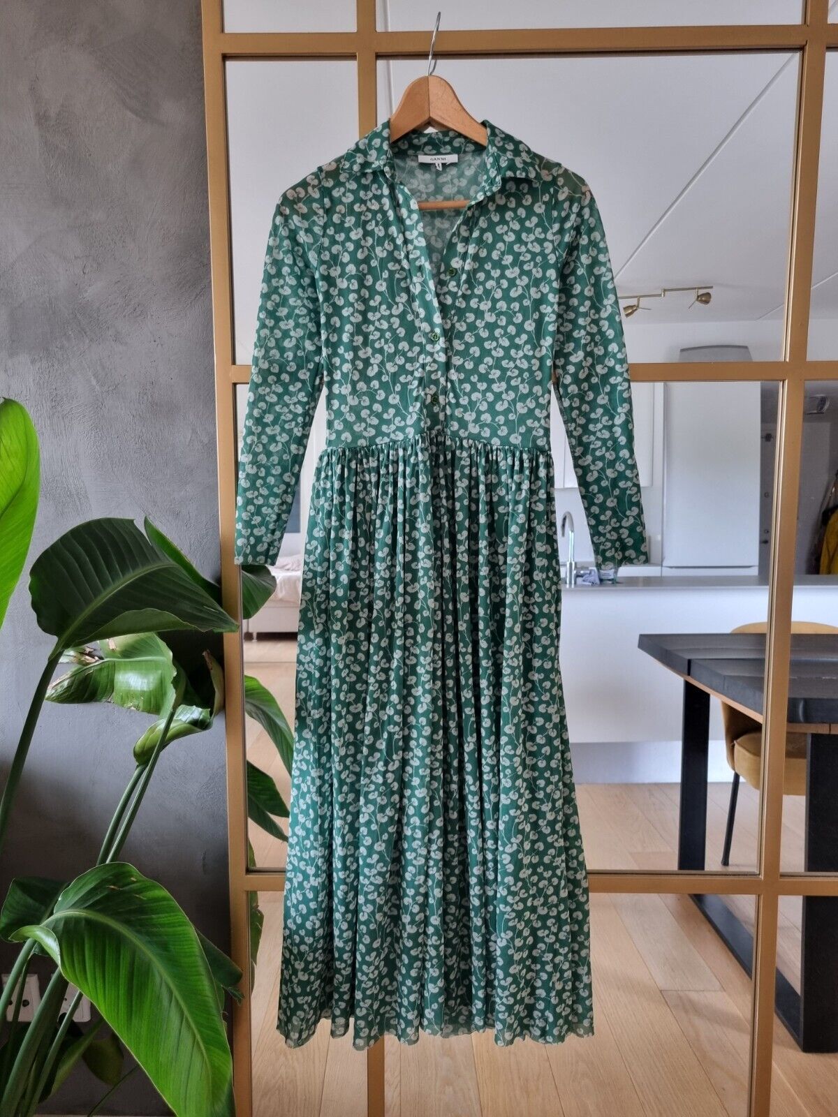 **GANNI** Floral Print Green Midi Mesh Dress Size 34