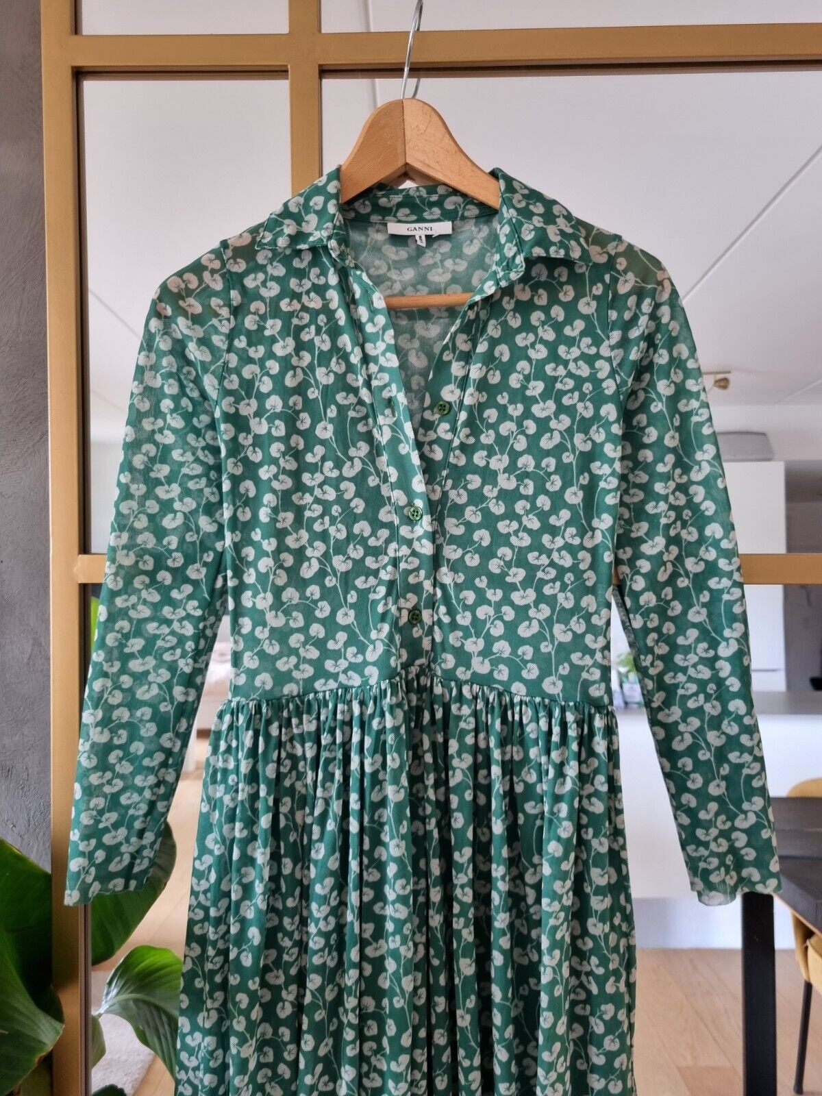 **GANNI** Floral Print Green Midi Mesh Dress Size 34