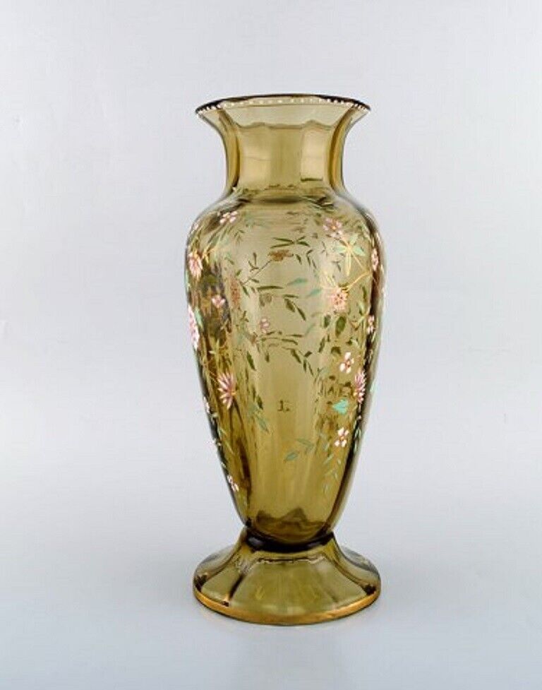 Emile Gallé France Large antique vase in smoke colored art glass with flowers