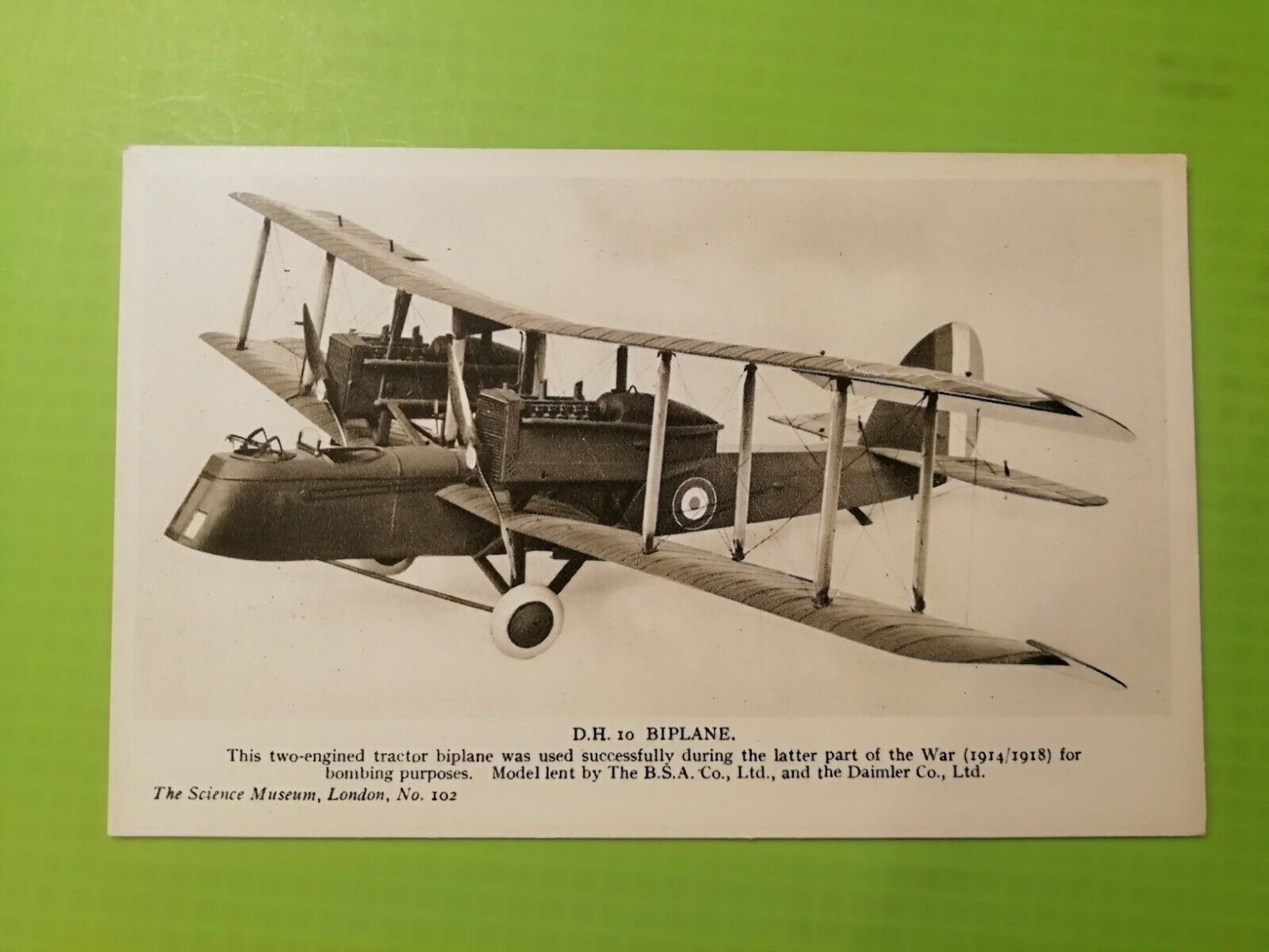 Aviation PostcardThe Science MuseumLondonDH 10 Biplane1914/1918