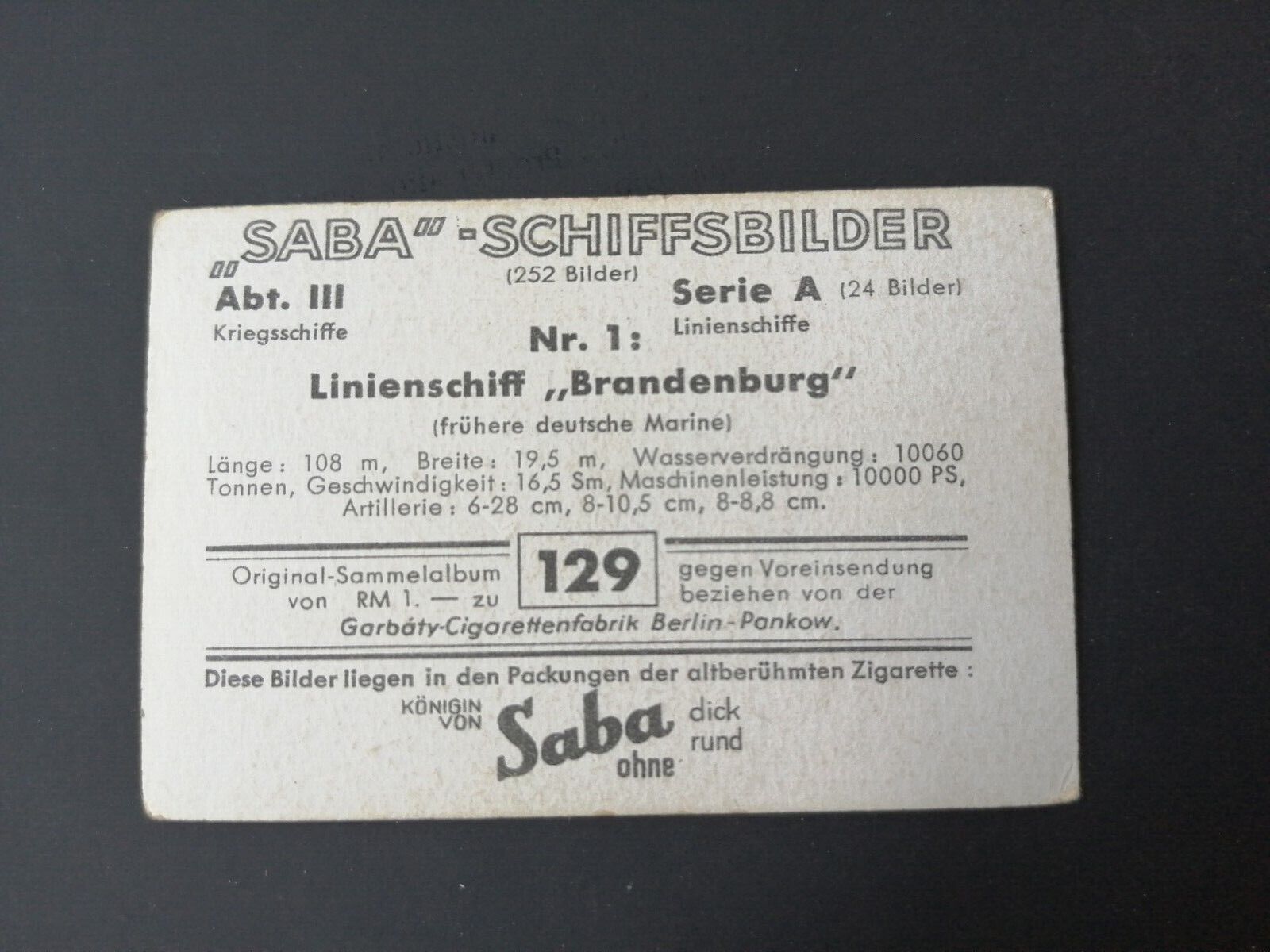 German SABA tobacco ship trading card 1931-33No 129 "Brandenburg"Linienschiff