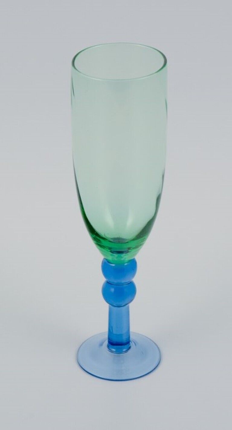 Scandinavian glass artist Set of six champagne glasses in green and blue glass