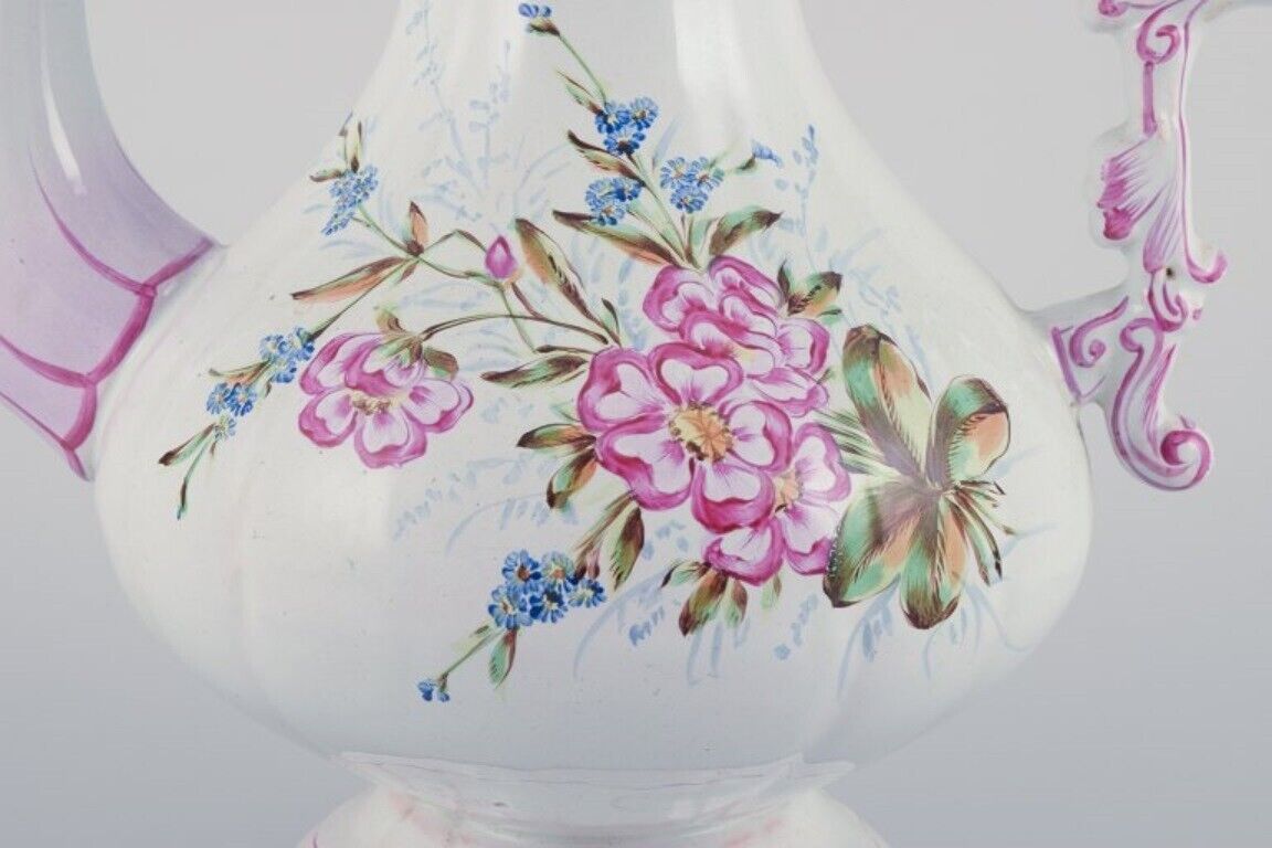 Large coffee pot in faience Motifs of flowers and insects Style of Emile Gallé