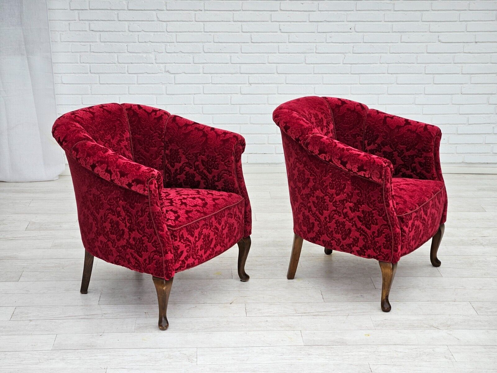 1950s pair of Danish lounge chairs red cotton/wool fabric beech wood