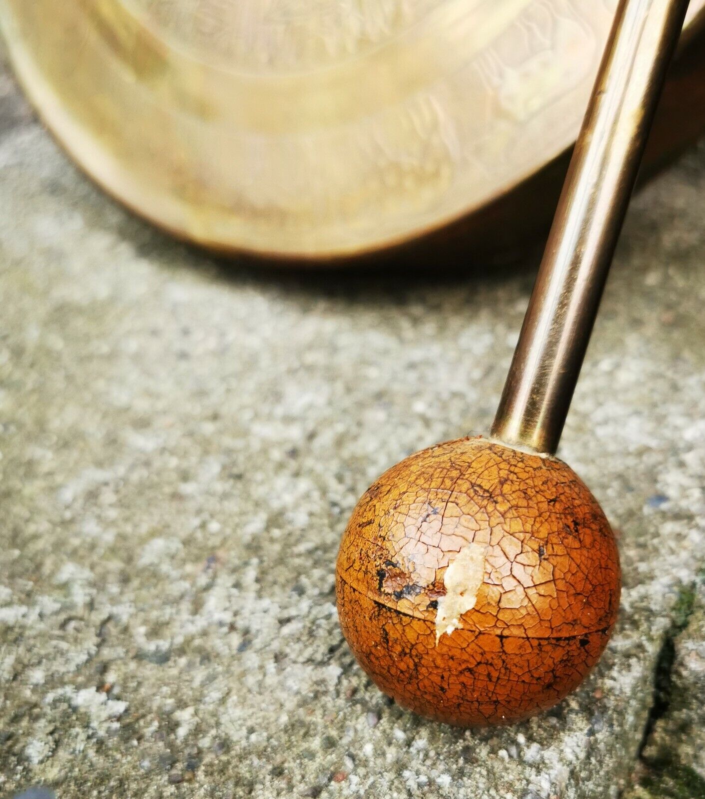 Older Used Decorative Round Handheled Brass Metal Dinner Bell Gong with Hammer