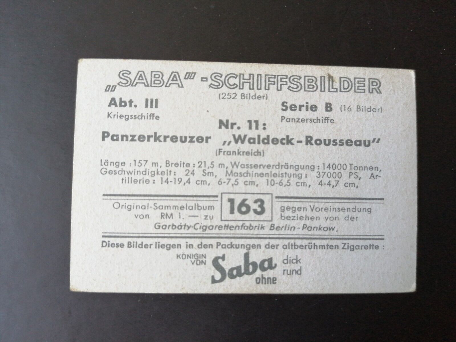 German SABA tobacco ship trading card 1931-33No 163 "Waldeck-Rousseau" France