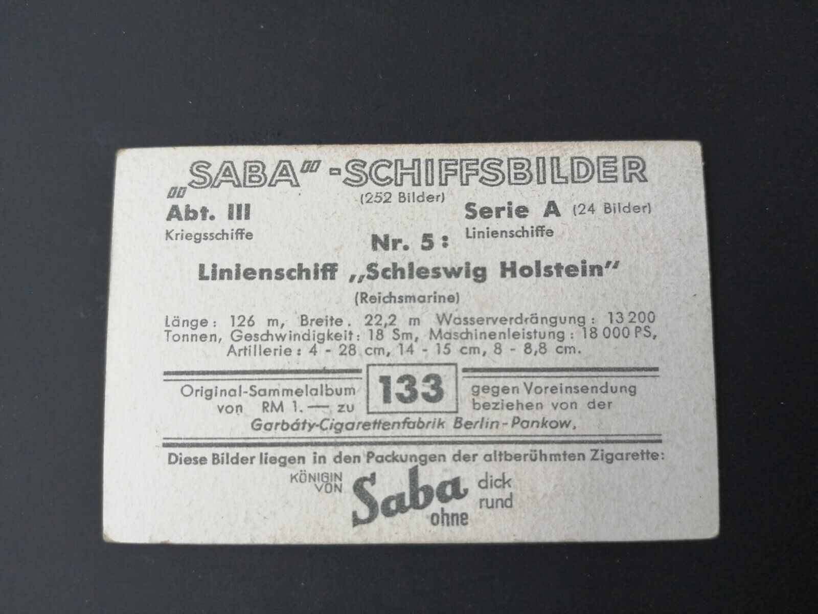 German SABA tobacco ship trading card 1931-33No 133 "Schleswig-Holstein"